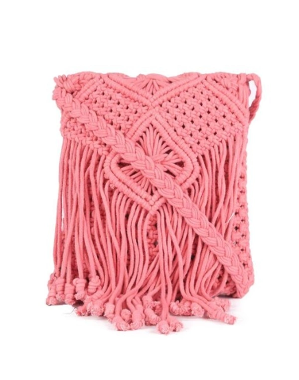 ASTRID Pink Macrame Sling Bag With Flapover Fringes - Free Size, Pink, Macrame, Pack of1